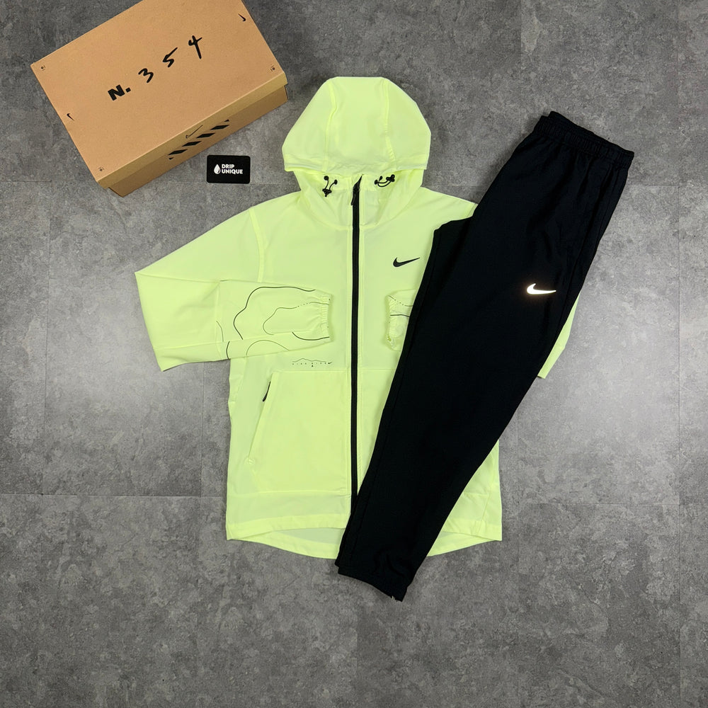 Nike Repel “Just Do It” Windrunner Jacket Barely Volt & Black Nike Challenger Pants Set, Nike Sets, dripuniqueuk