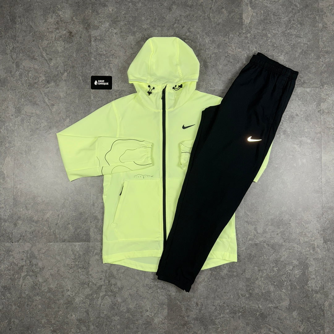 Nike Repel “Just Do It” Windrunner Jacket Barely Volt & Black Nike Challenger Pants Set, Nike Windrunner Set, dripuniqueuk