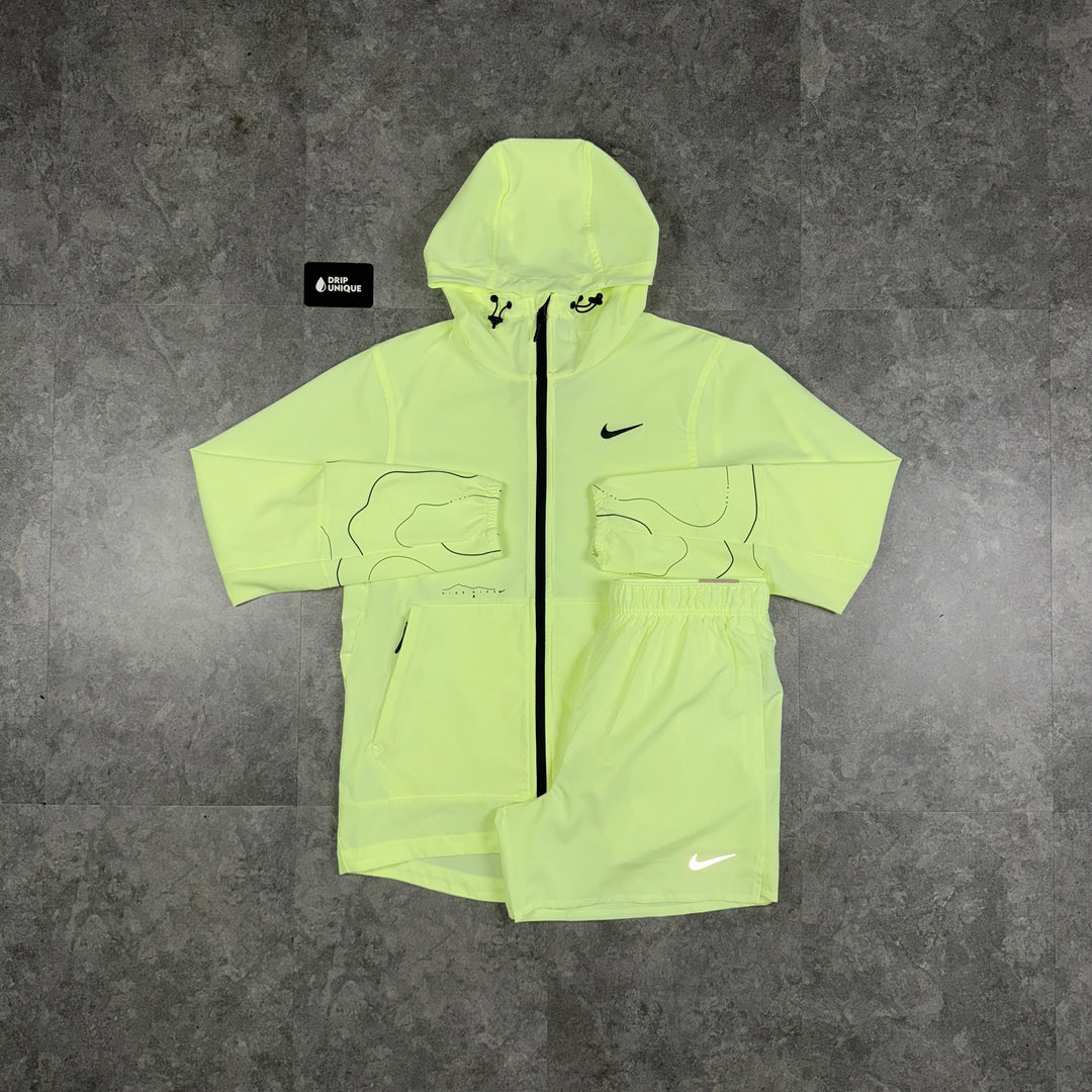 Nike Repel “Just Do It” Windrunner Jacket Barely Volt & Volt Challenger Shorts Set, Nike Windrunner Set, dripuniqueuk