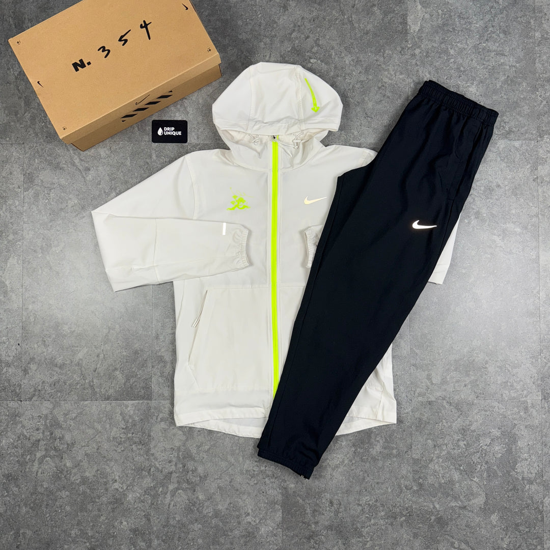 Nike Repel “Just Do It” Windrunner Jacket White & Black Nike Challenger Pants Set, Nike Sets, dripuniqueuk