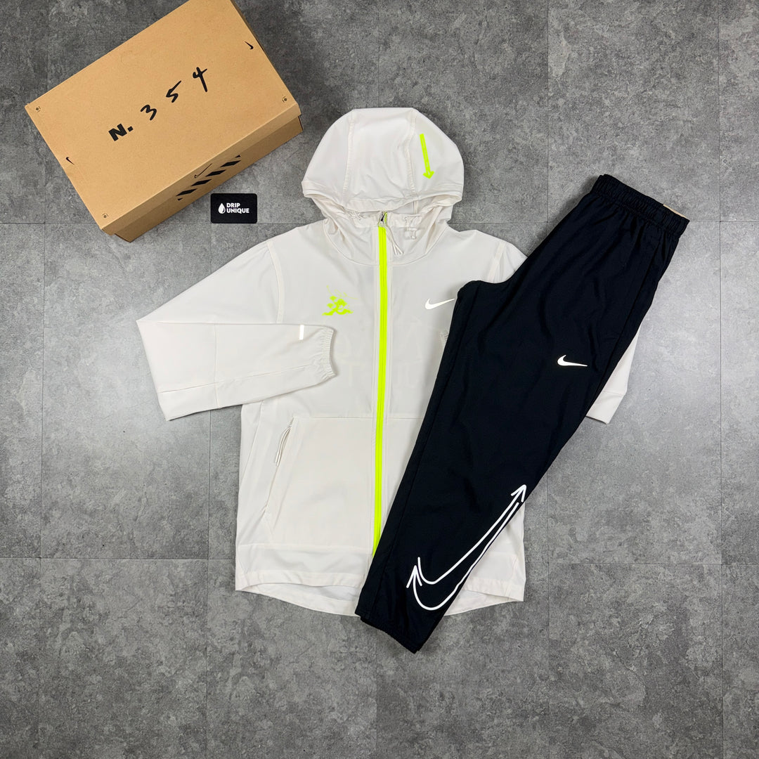 Nike Repel “Just Do It” Windrunner Jacket White & Black Nike “Just Do It” Challenger Pants Set, nike windrunners set, dripuniqueuk