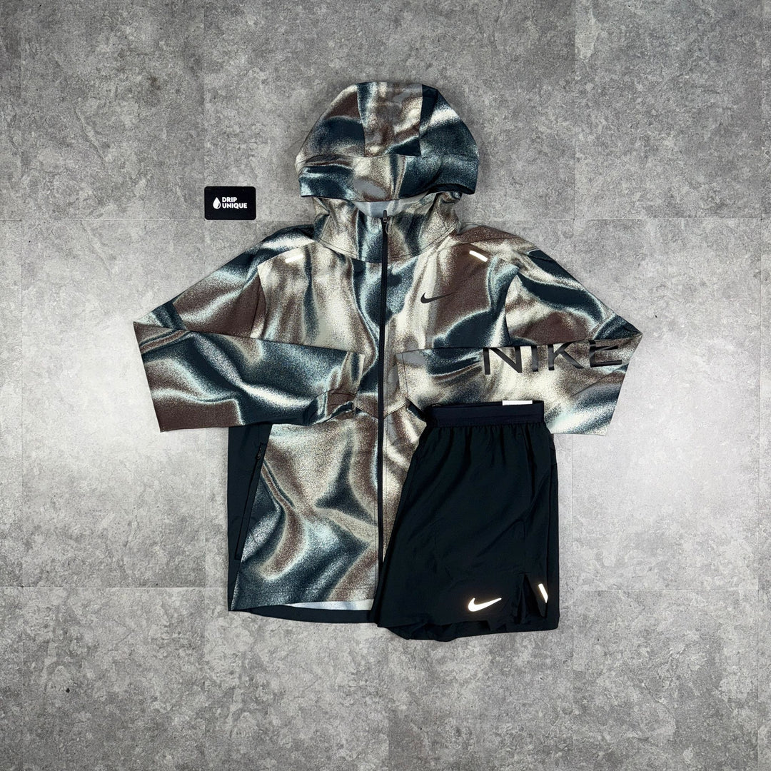 Nike Repel Miler Windrunner Jacket Black Multicolour & Black Flex Stride Shorts Set, Nike Sets, dripuniqueuk