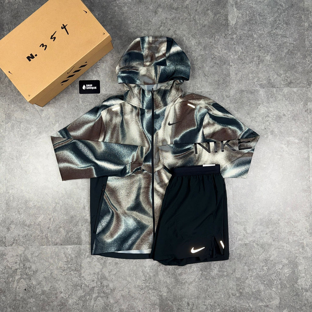Nike Repel Miler Windrunner Jacket Black Multicolour & Black Flex Stride Shorts Set, Nike Windrunner Set, dripuniqueuk