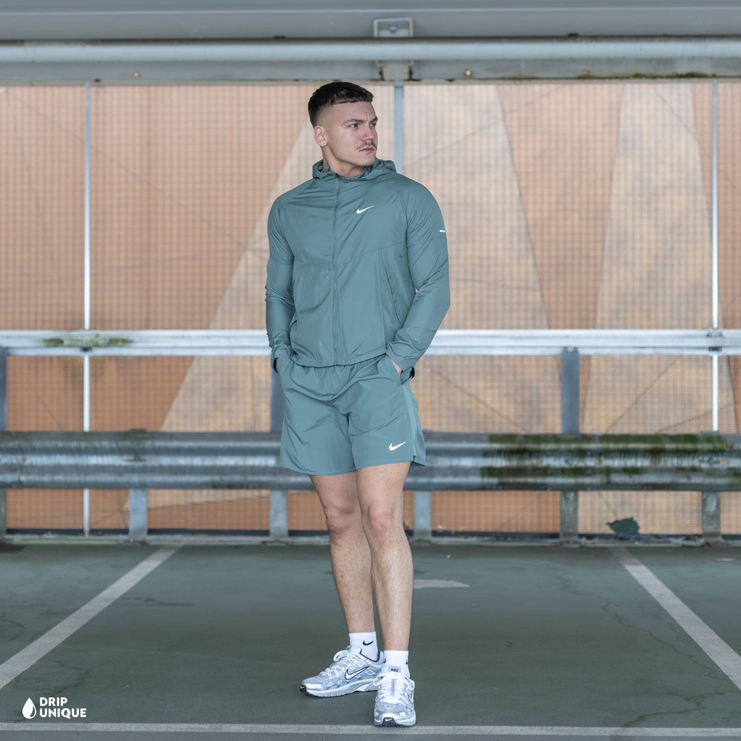 Nike Repel Miler Windrunner Jacket Clay Green & Green Challenger Shorts Set, nike windrunner set, dripuniqueuk