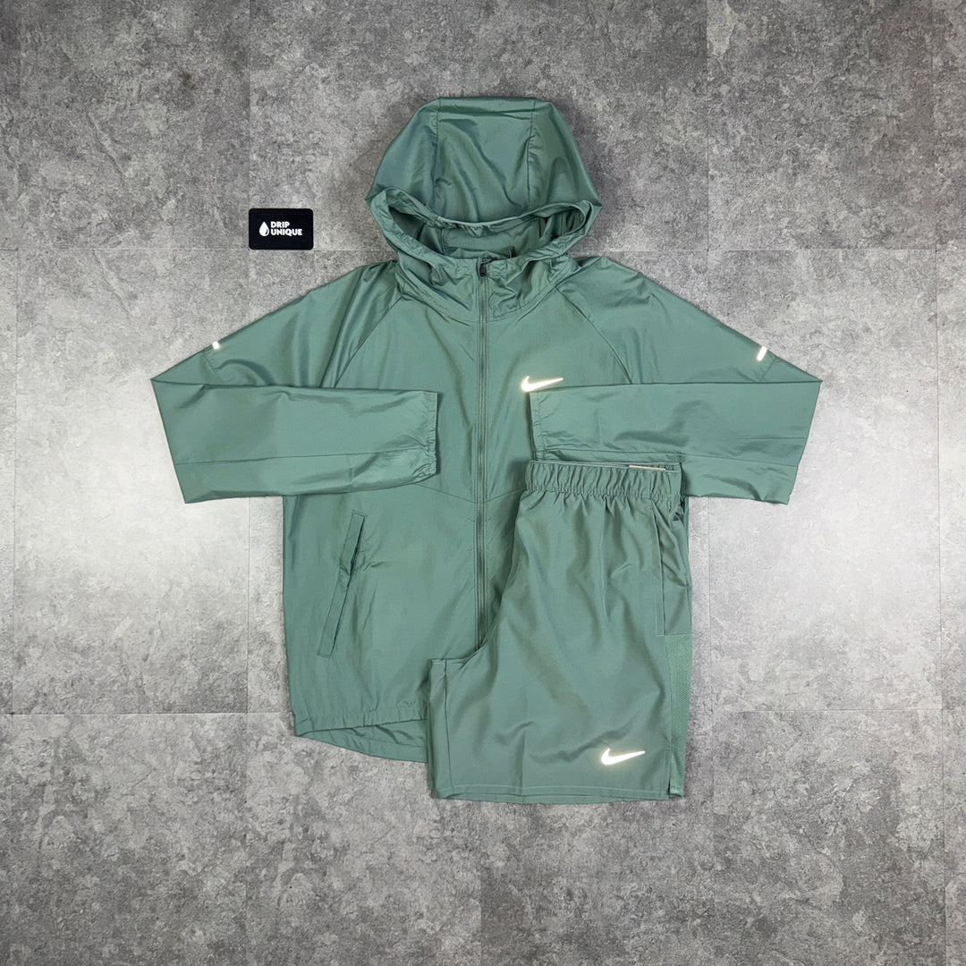 Nike Repel Miler Windrunner Jacket Clay Green & Green Challenger Shorts Set, dripuniqueuk
