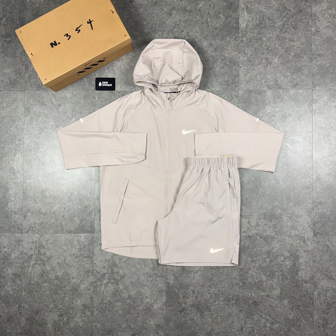 Nike Repel Miler Windrunner Jacket Cream & Cream Challenger Shorts Set, nike windrunner set, dripuniqueuk