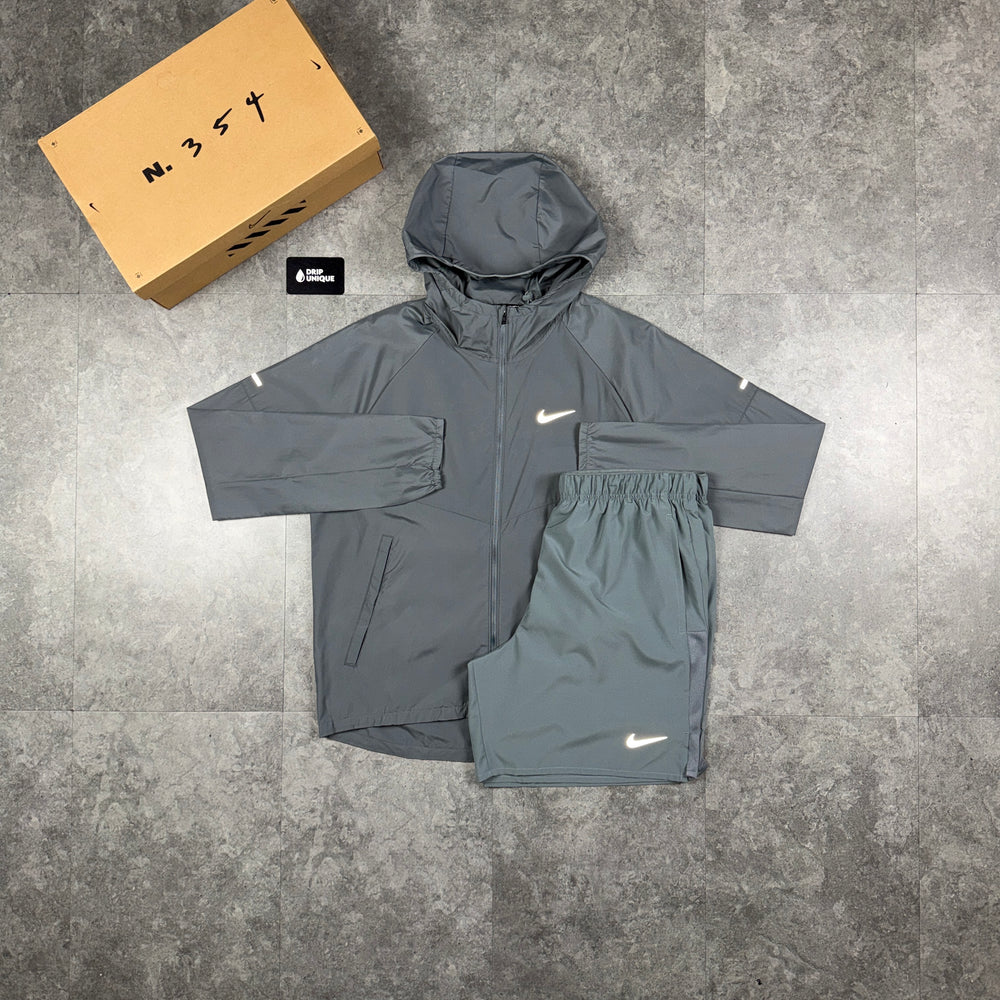 Nike Repel Miler Windrunner Jacket Grey & Grey Challenger Shorts Set, nike jacket set, dripuniqueuk