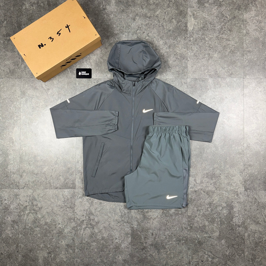 Nike Repel Miler Windrunner Jacket Grey & Grey Challenger Shorts Set, nike jacket set, dripuniqueuk