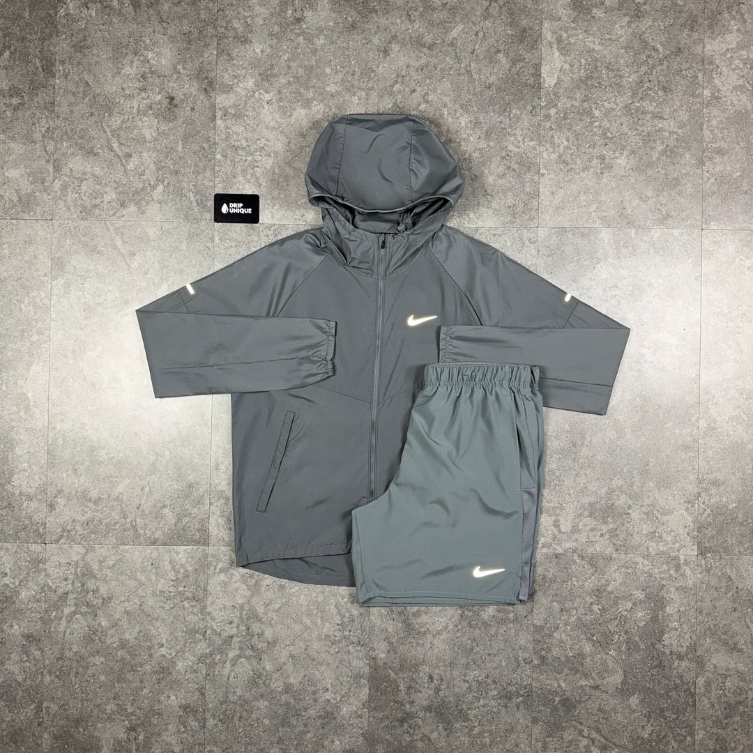 Nike Repel Miler Windrunner Jacket Grey & Grey Challenger Shorts Set, nike set, dripuniqueuk