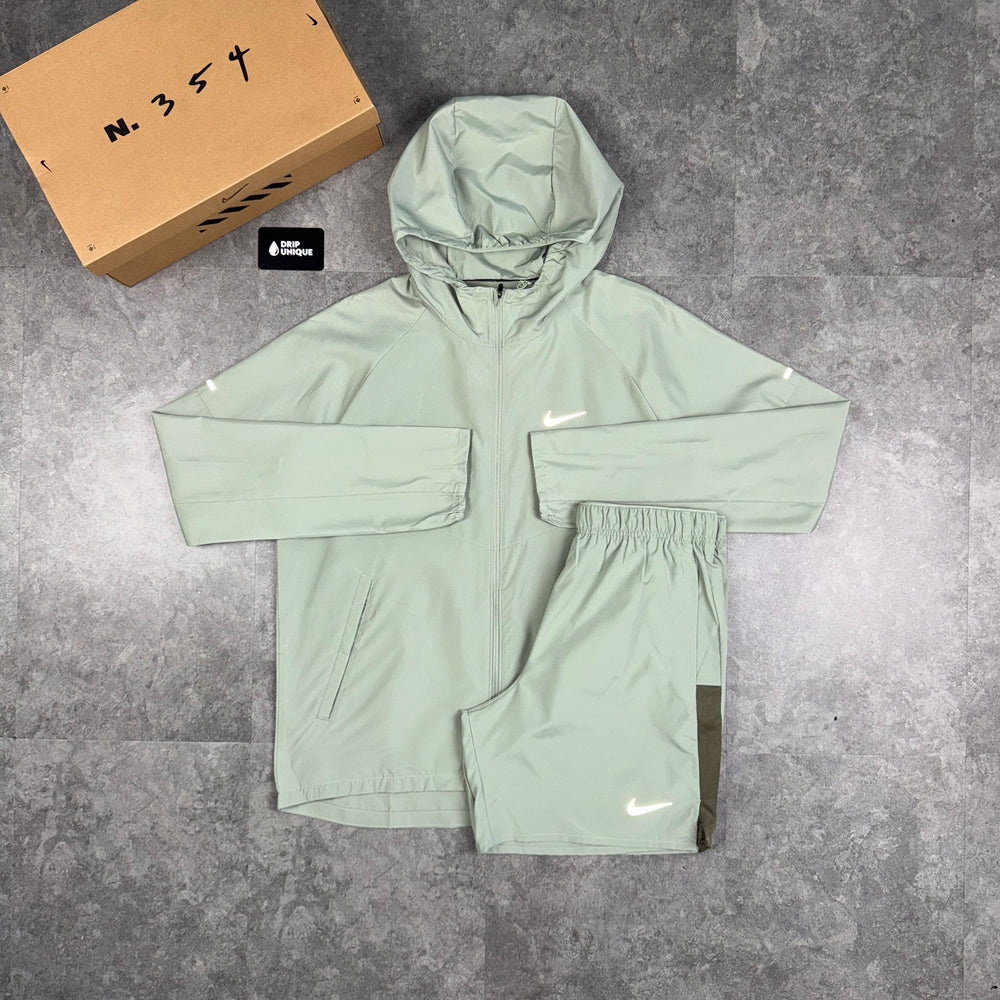 Nike Repel Miler Windrunner Jacket Jade Green & Green Challenger Shorts Set, Nike Sets, dripuniqueuk