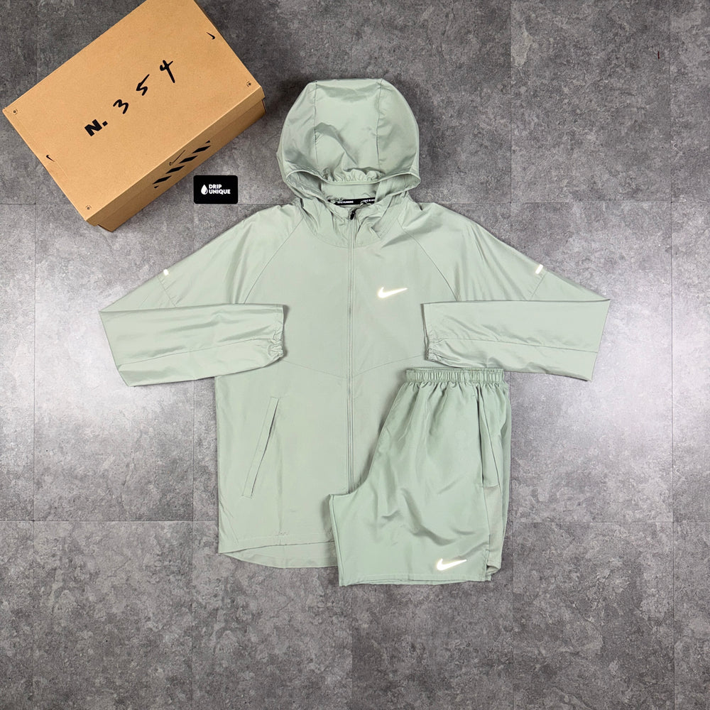 Nike Repel Miler Windrunner Jacket Jade Green & Green Challenger Shorts Set, nike Windrunner set, dripuniqueuk