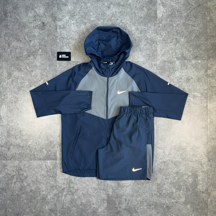 Nike Repel Miler Windrunner Jacket Navy / Grey & Navy Challenger Shorts Set, nike set, dripuniqueuk