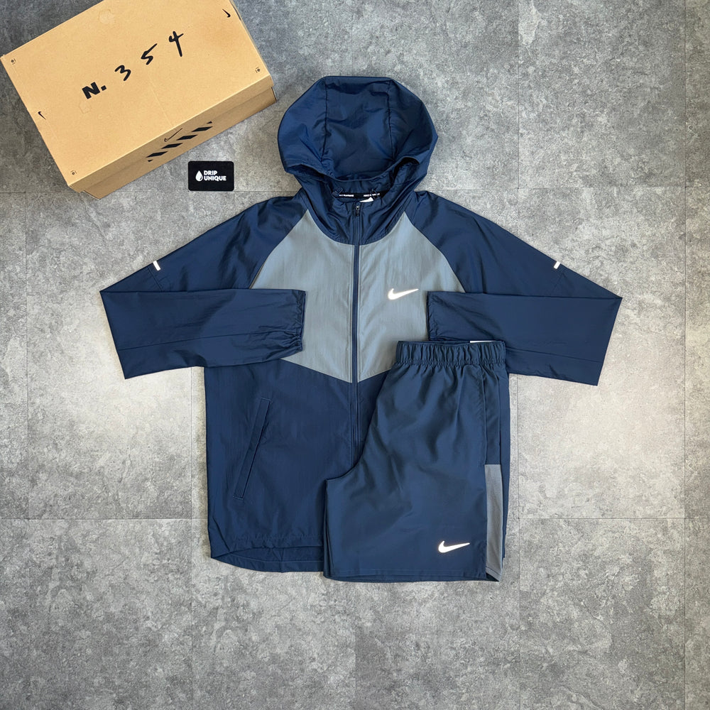 Nike Repel Miler Windrunner Jacket Navy / Grey & Navy Challenger Shorts Set, nike windrunner set, dripuniqueuk