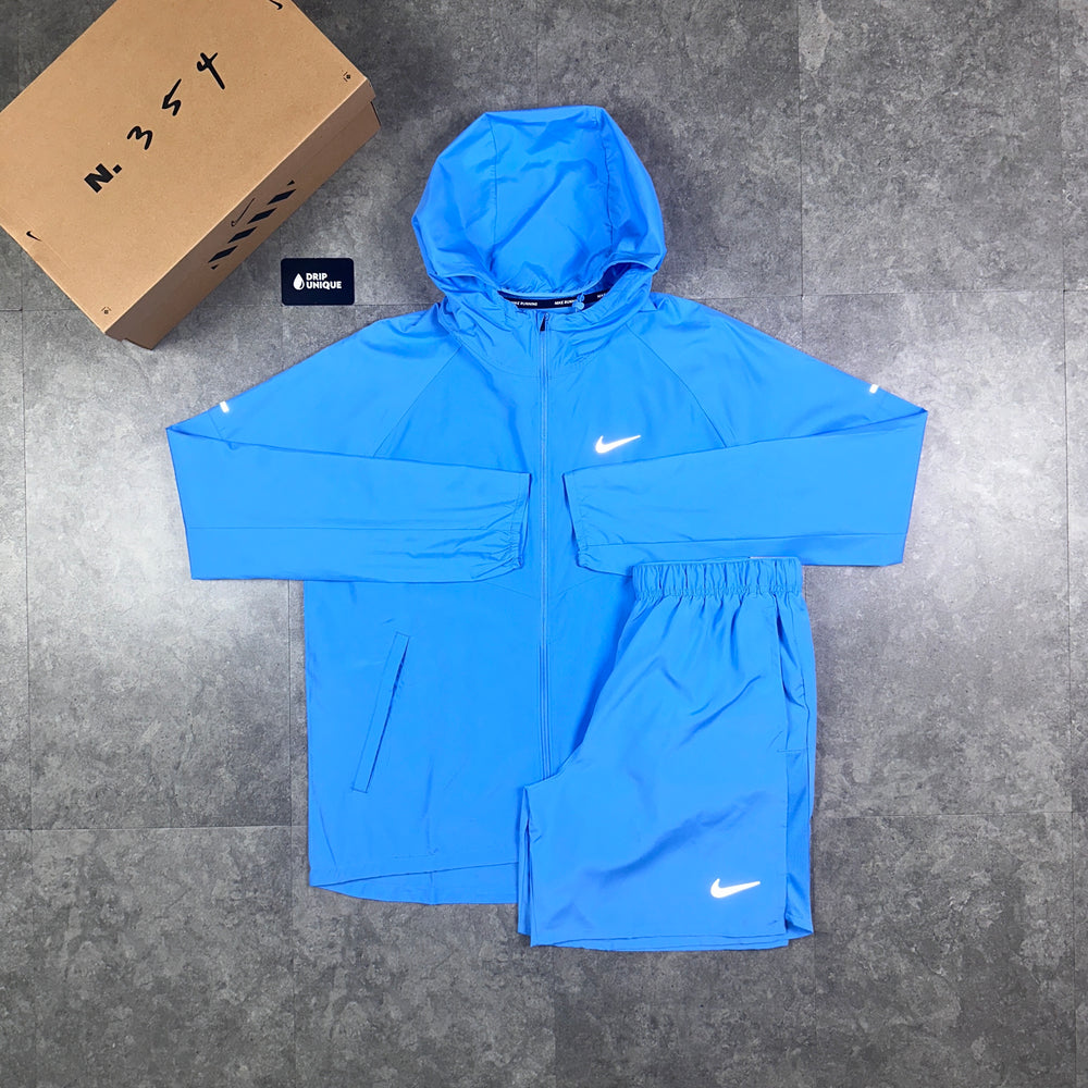 Nike Repel Miler Windrunner Jacket University Blue & Blue Challenger Shorts Set, Nike Windrunner Set, dripuniqueuk