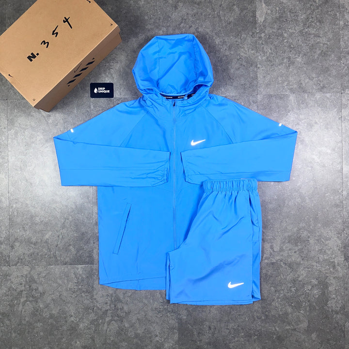 Nike Repel Miler Windrunner Jacket University Blue & Blue Challenger Shorts Set, Nike Windrunner Set, dripuniqueuk