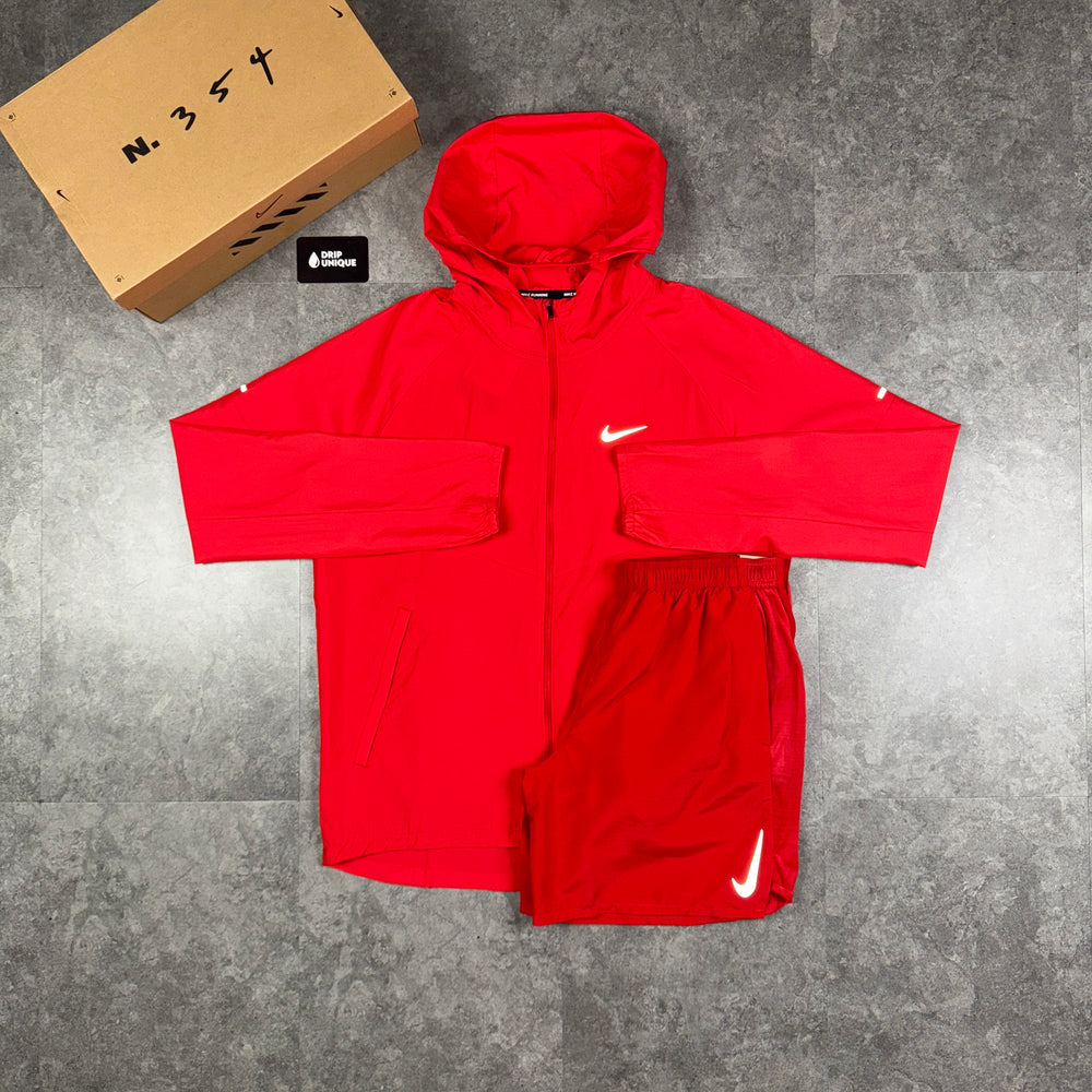 Nike Repel Miler Windrunner Jacket University Red & Red Challenger Shorts Set, Nike Sets, dripuniqueuk