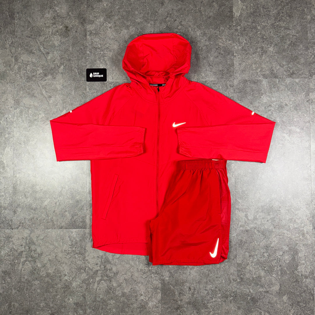 Nike Repel Miler Windrunner Jacket University Red & Red Challenger Shorts Set, Nike Windrunner Set, dripuniqueuk