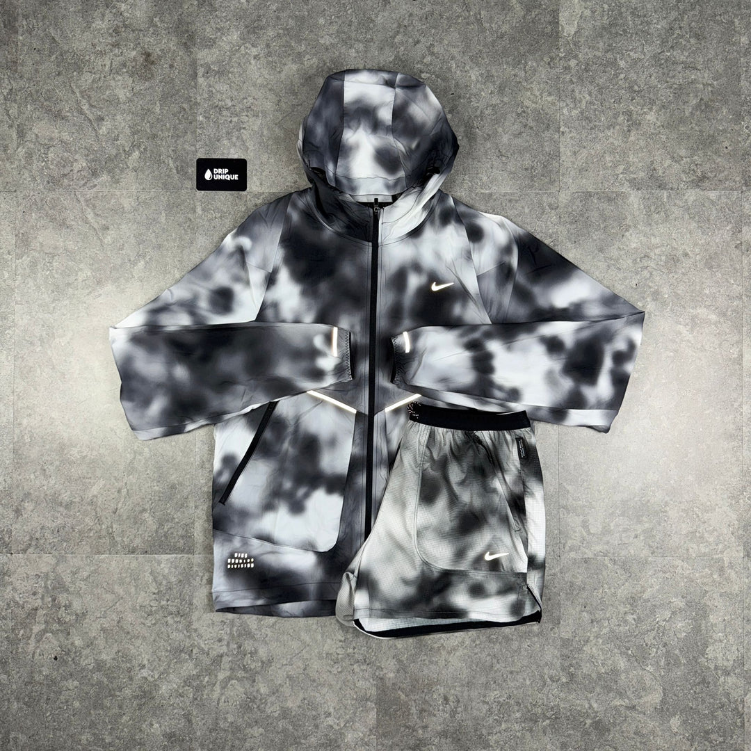 Nike Running Division Distorted Windrunner Jacket Black & Black Running Division Shorts Set, Nike Windrunner Set, dripuniqueuk