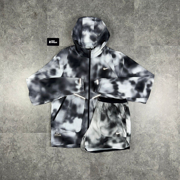 Nike Running Division Distorted Windrunner Jacket Black & Black Running Division Shorts Set, Nike Windrunner Set, dripuniqueuk
