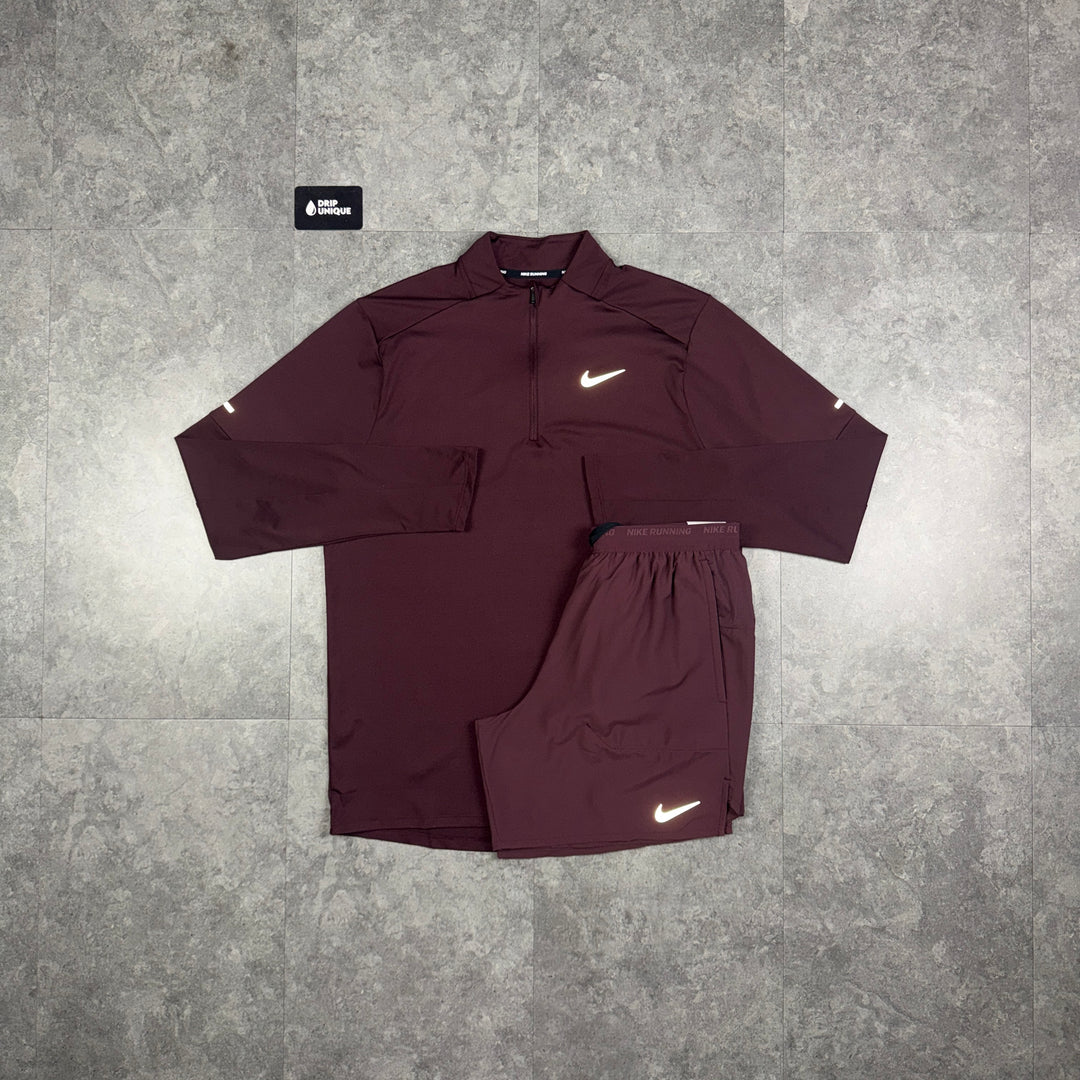 Nike Stride 1/4 Zip Top Burgundy & Burgundy Flex Stride Shorts Set, nike set, dripuniqueuk
