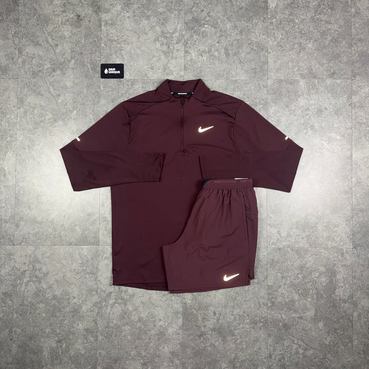 Nike Stride 1/4 Zip Top Burgundy & Burgundy Flex Stride Shorts Set, nike set, dripuniqueuk