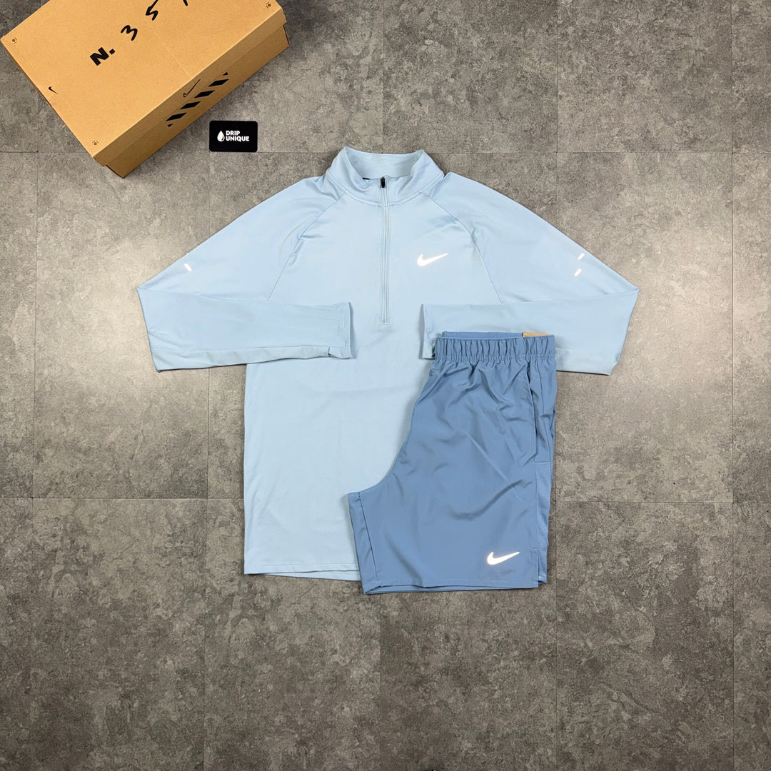Nike Stride 1/4 Zip Top Light Armoury Blue & Worn Blue Challenger Shorts Set, nike 1/4 zip set, dripuniqueuk