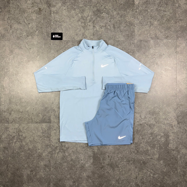 Nike Stride 1/4 Zip Top Light Armoury Blue & Worn Blue Challenger Shorts Set, nike set, dripuniqueuk