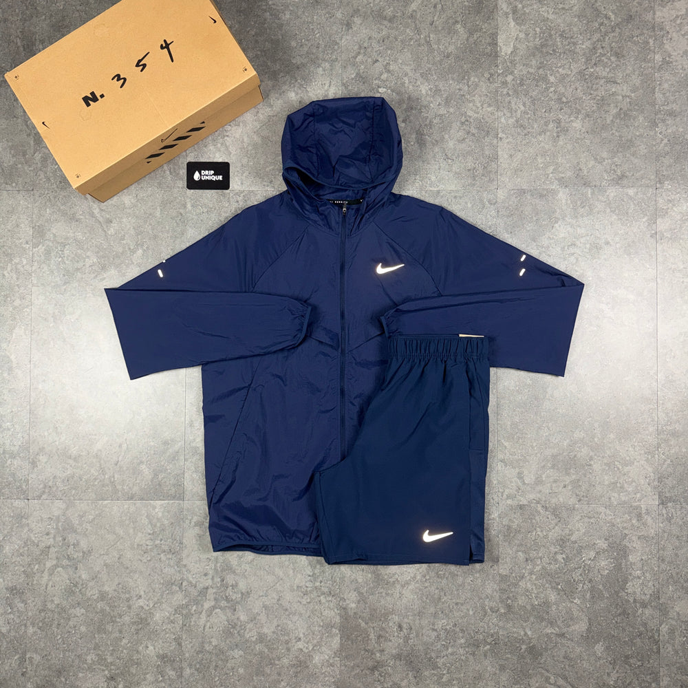 Nike Stride UV Windrunner Jacket Midnight Navy & Navy Challenger Shorts Set, nike uv set, dripuniqueuk