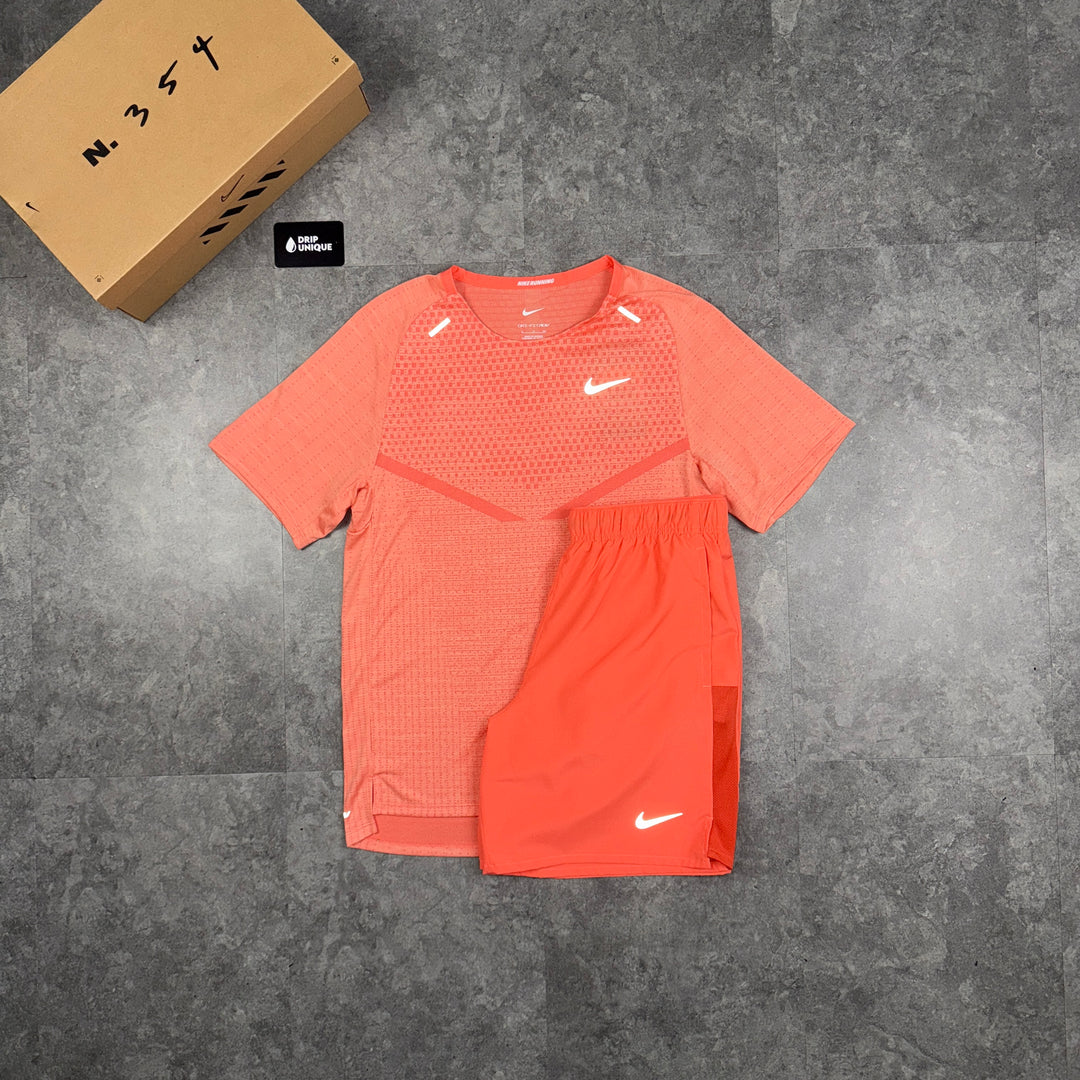 Nike TechKnit T-Shirt Peach & Peach Challenger Shorts Set, Nike Sets for men, dripuniqueuk