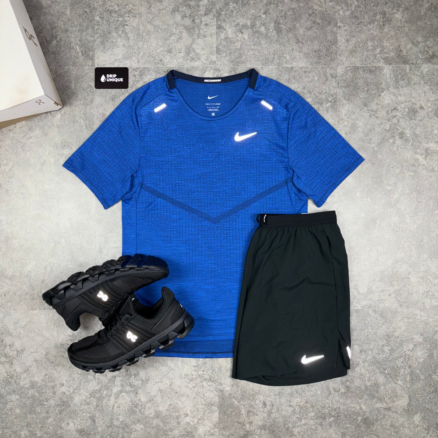 Nike TechKnit T Shirt Royal Blue Black Flex Stride Shorts Set dripuniqueuk