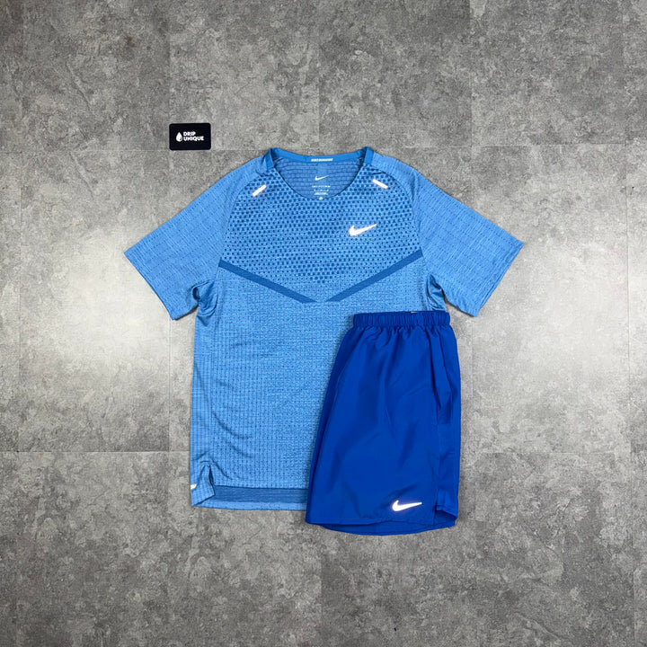 Nike TechKnit T-Shirt Star Blue & Royal Blue Challenger Shorts Set, Nike Miler Set, dripuniqueuk