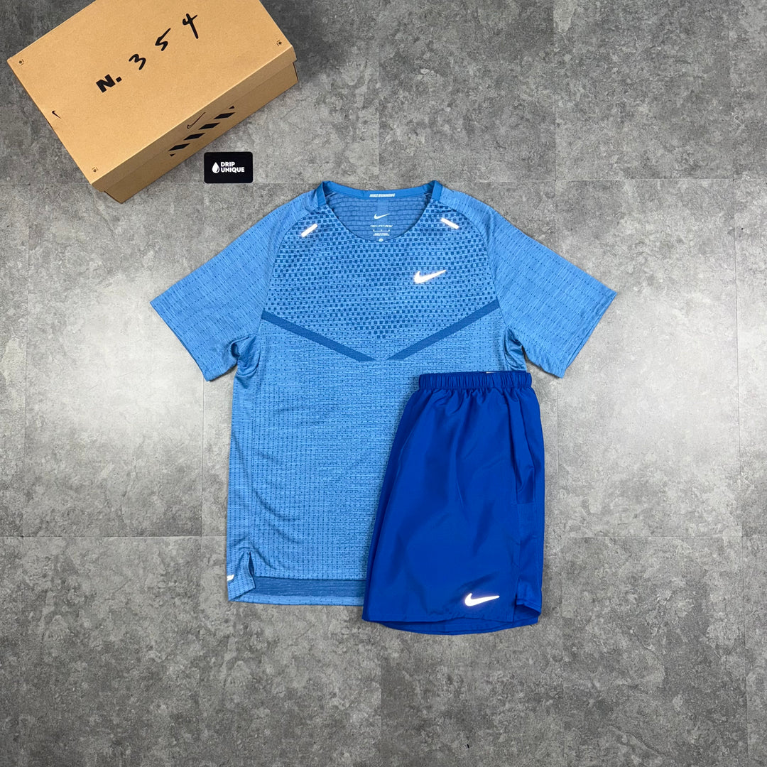 Nike TechKnit T-Shirt Star Blue & Royal Blue Challenger Shorts Set, Nike Sets, dripuniqueuk