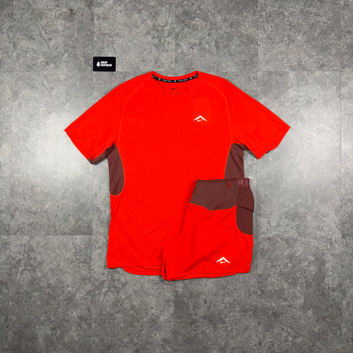 Nike Trail T-Shirt Crimson Red & Crimson Trail Stride Shorts Set, nike set, dripuniqueuk
