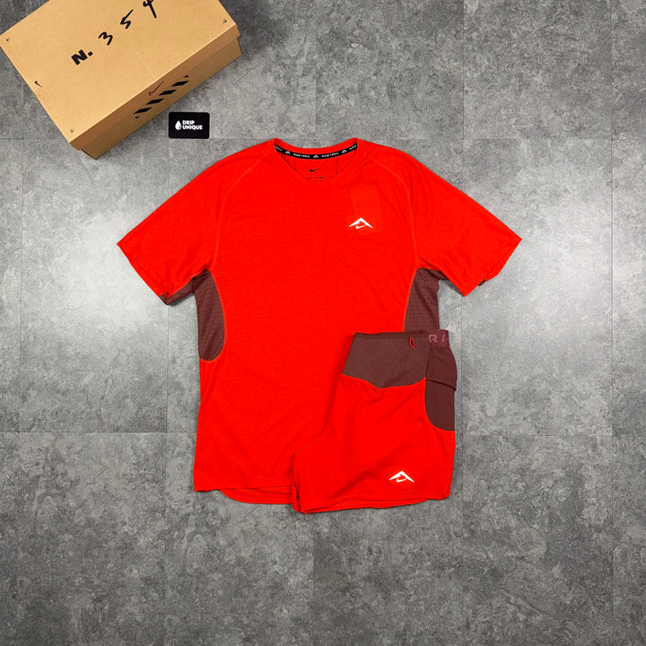 Nike Trail T-Shirt Crimson Red & Crimson Trail Stride Shorts Set, nike tshirt set, dripuniqueuk