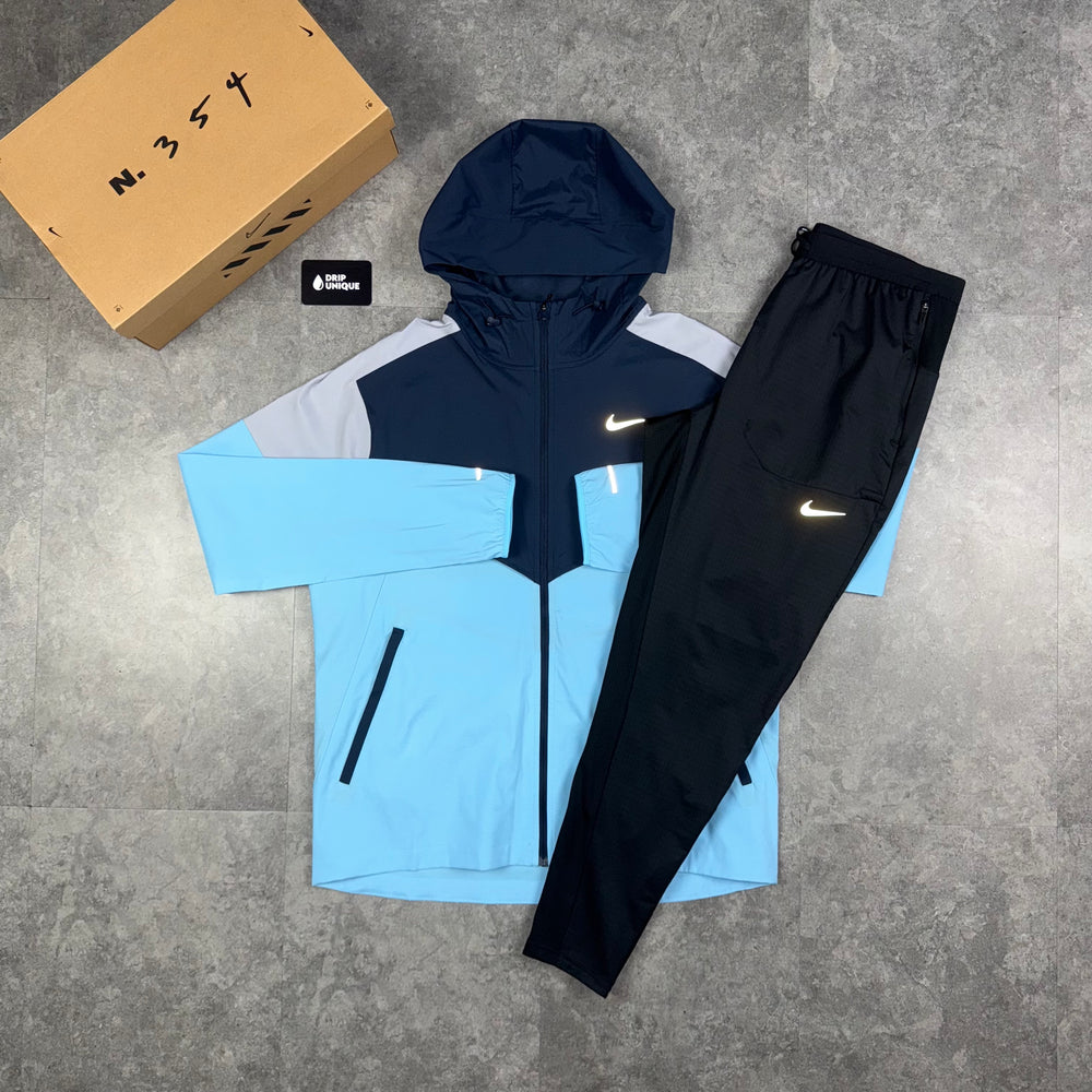 Nike UV Windrunner Jacket Aquarius Blue & Black Nike Phenom Pants Set, Nike Windrunner Set, dripuniqueuk