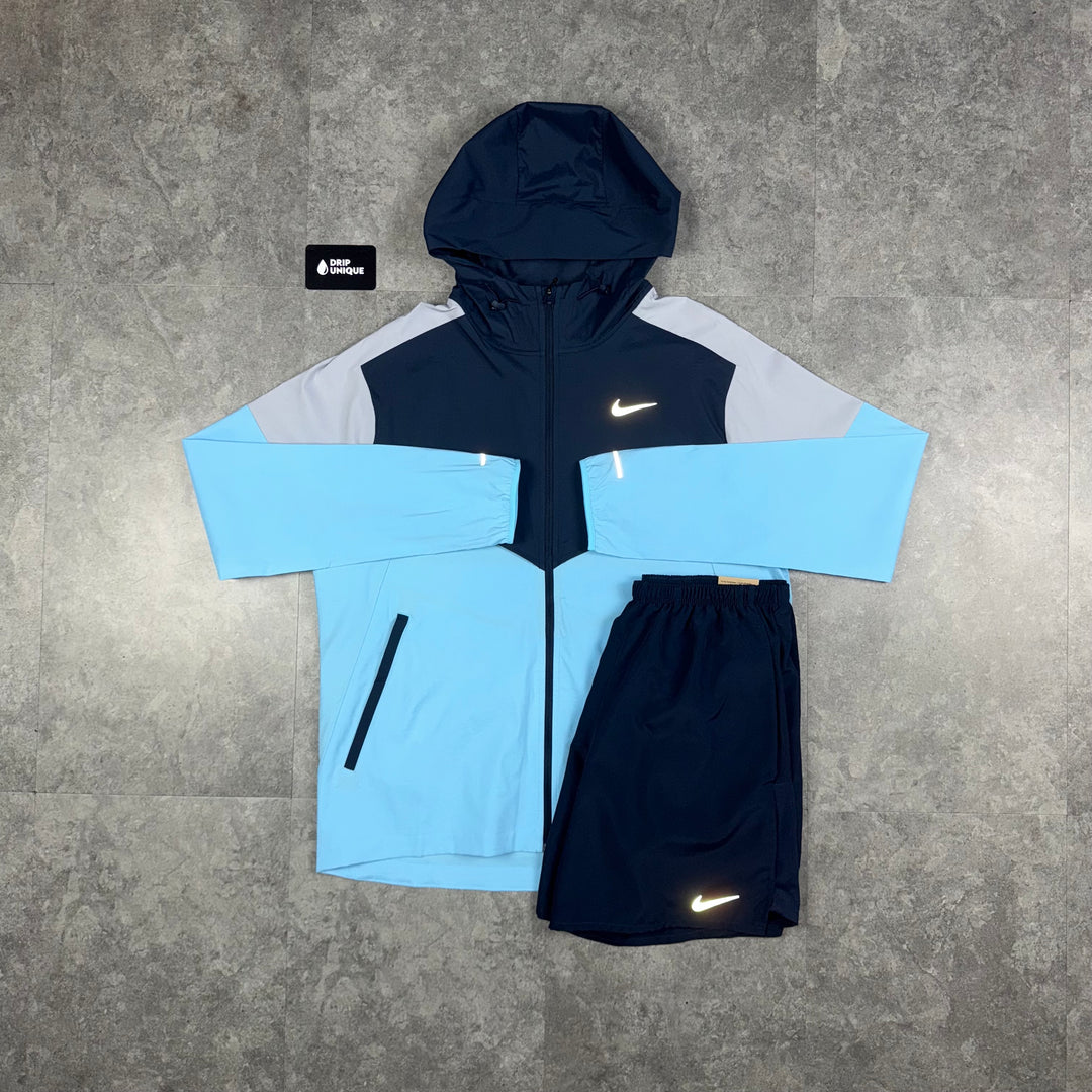Nike UV Windrunner Jacket Aquarius Blue & Navy Blue Challenger Shorts Set, Nike Sets, dripuniqueuk
