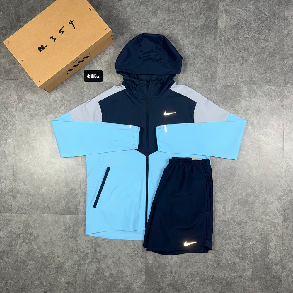 Nike UV Windrunner Jacket Aquarius Blue & Navy Blue Challenger Shorts Set, Nike Windrunner Set, dripuniqueuk