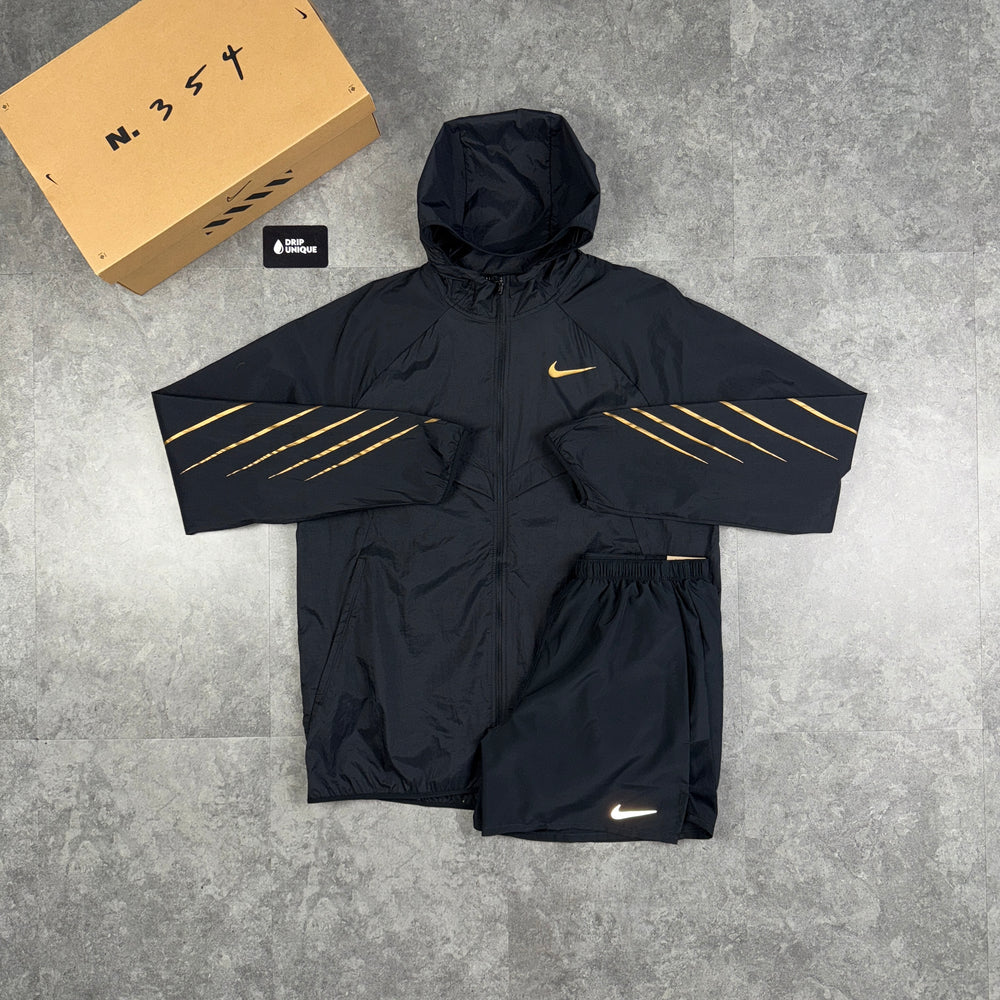 Nike UV Windrunner Jacket Black & Gold & Black Challenger Shorts Set, Nike Sets, dripuniqueuk