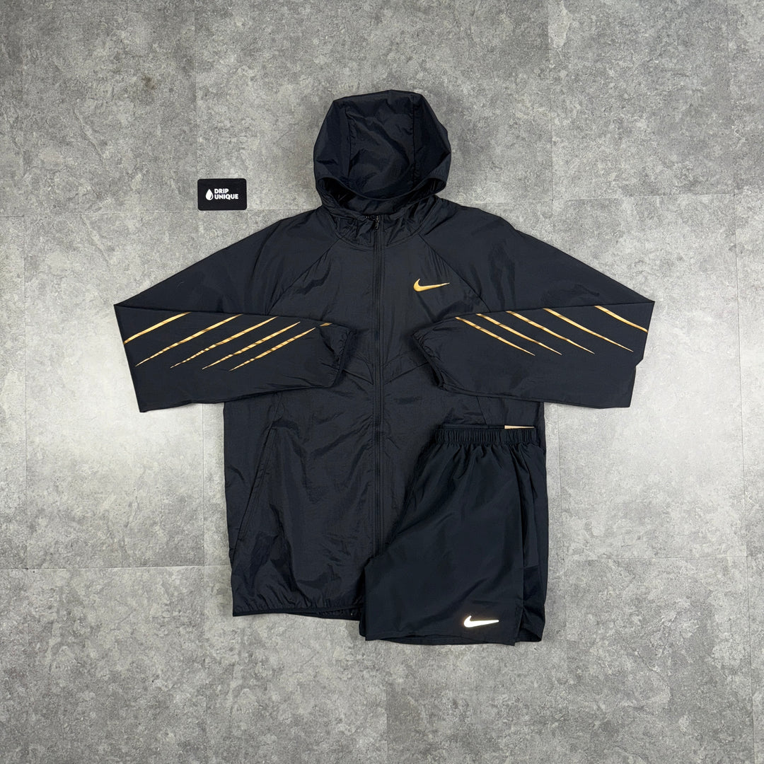Nike UV Windrunner Jacket Black & Gold & Black Challenger Shorts Set, Nike Windrunner Set, dripuniqueuk
