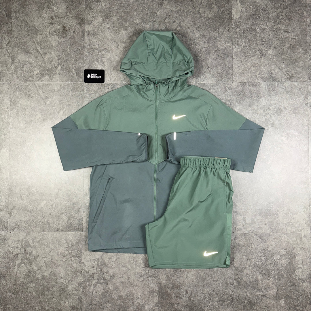 Nike UV Windrunner Jacket Clay Green & Green Challenger Shorts Set, Nike Windrunner Set, dripuniqueuk