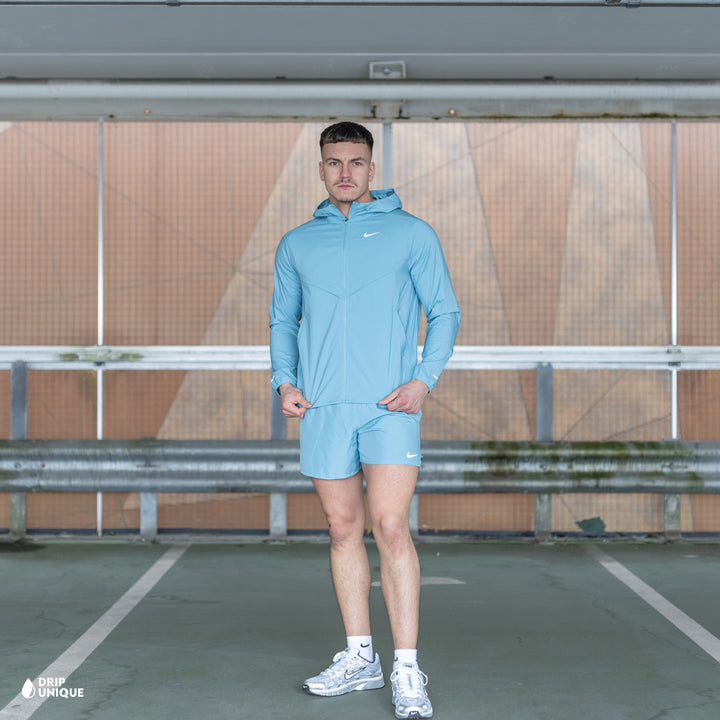Nike UV Windrunner Jacket Denim Turquoise & Challenger Shorts Set, nike jacket set, dripuniqueuk