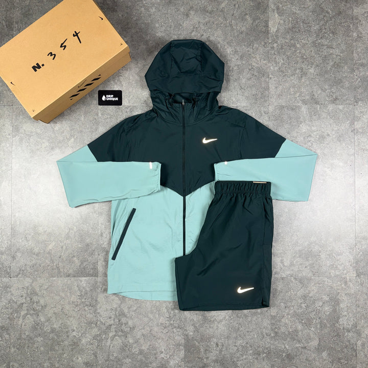 Nike UV Windrunner Jacket Forest Green & Green Challenger Shorts Set, nike windrunner set, dripuniqueuk