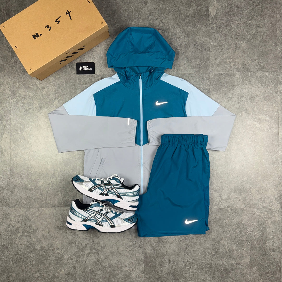 Nike UV Windrunner Jacket Green Abyss & Green Challenger Shorts Set, Nike Sets, dripuniqueuk
