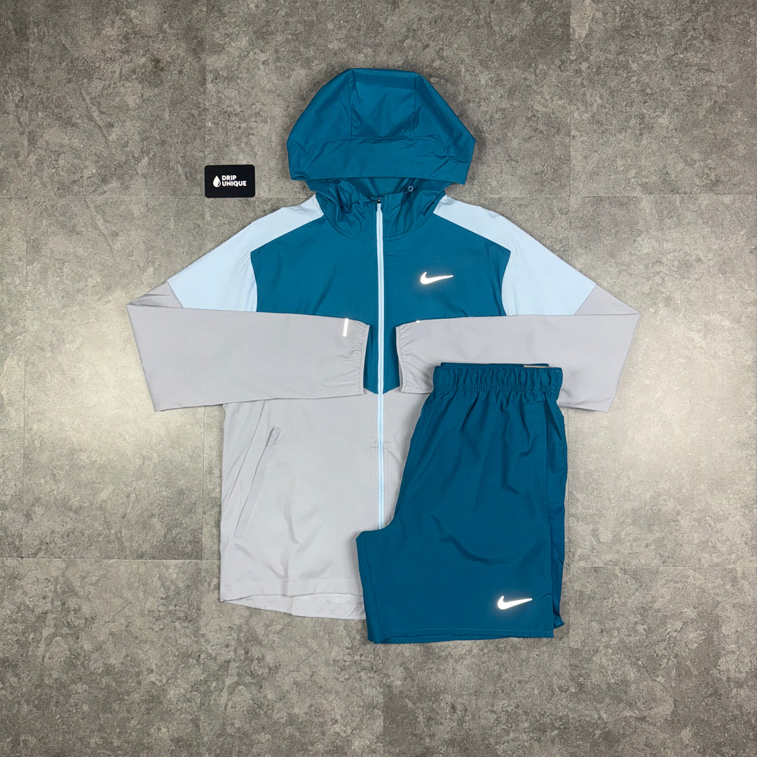 Nike UV Windrunner Jacket Green Abyss & Green Challenger Shorts Set, Nike Windrunner Set, dripuniqueuk