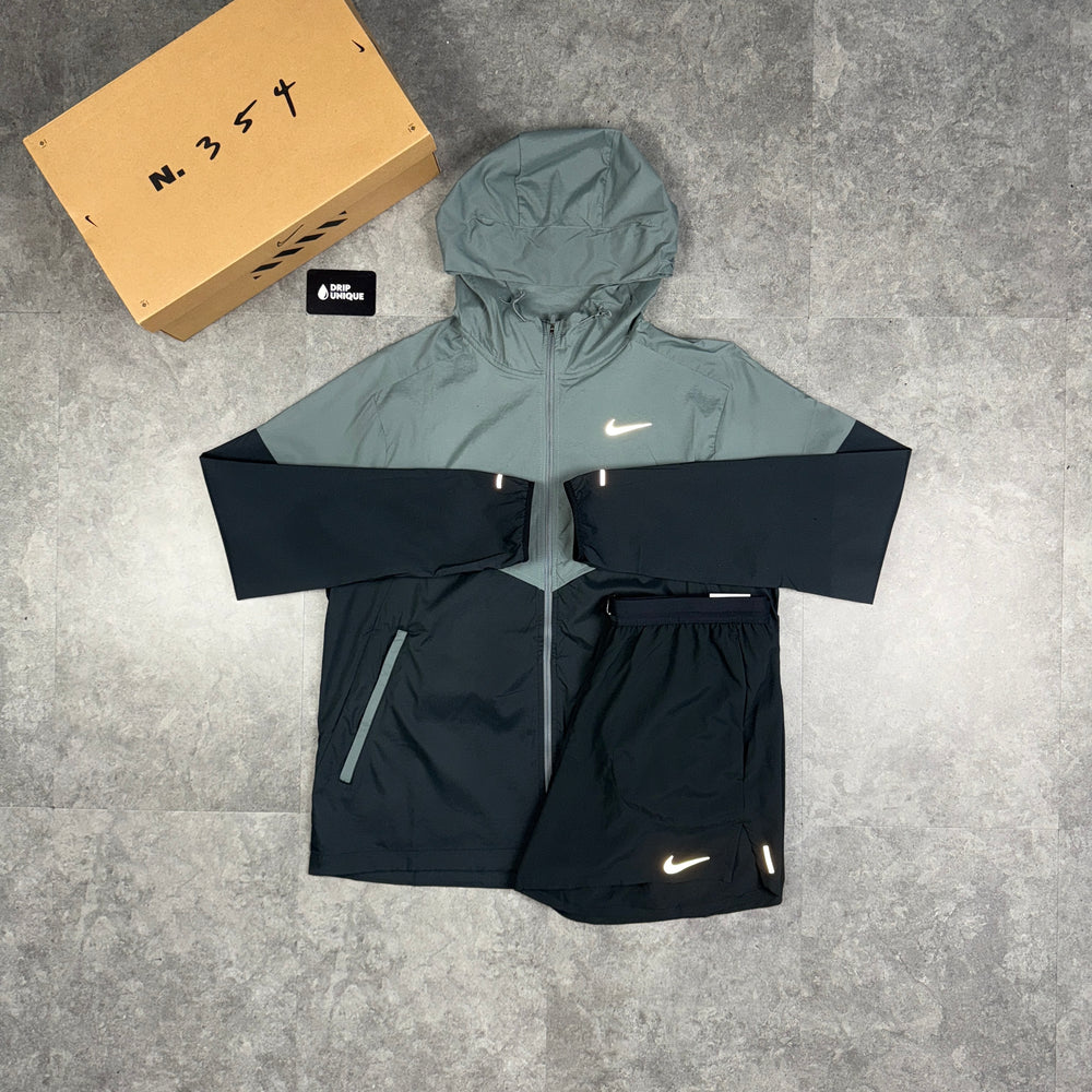 Nike UV Windrunner Jacket Grey / Black & Black Flex Stride Shorts Set, Nike Windrunner Sets, dripuniqueuk
