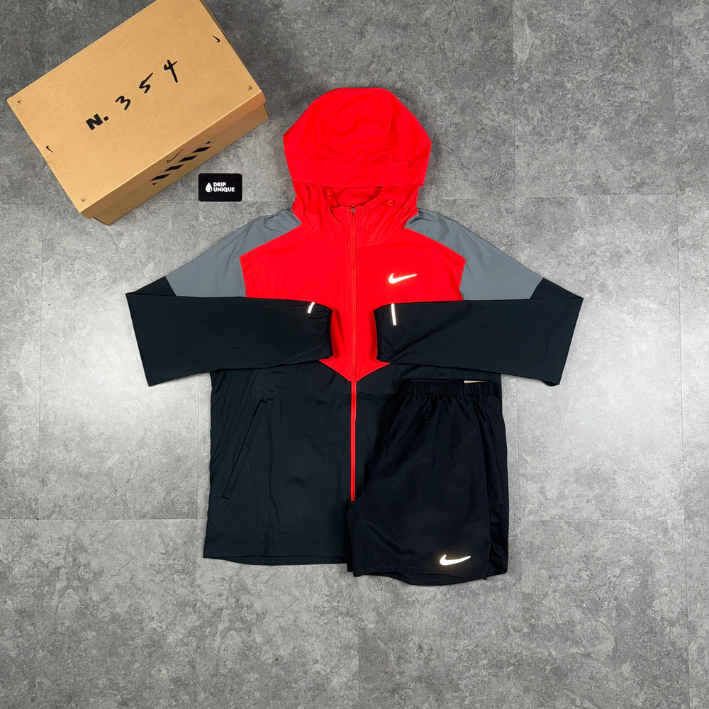 Nike UV Windrunner Jacket Light Crimson Red & Black Challenger Shorts Set, Nike Sets, dripuniqueuk