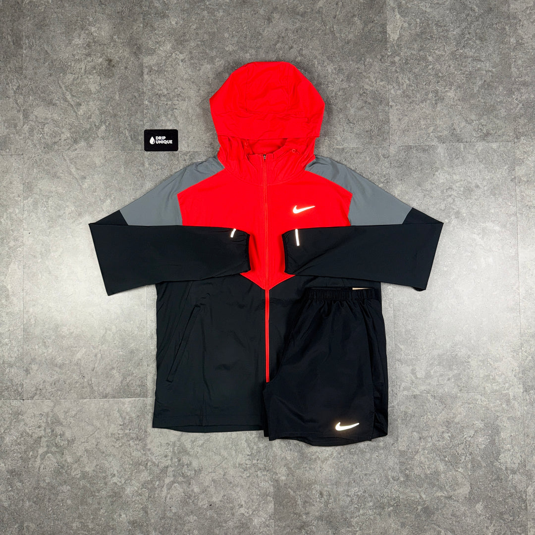 Nike UV Windrunner Jacket Light Crimson Red & Black Challenger Shorts Set, Nike Windrunner Set, dripuniqueuk