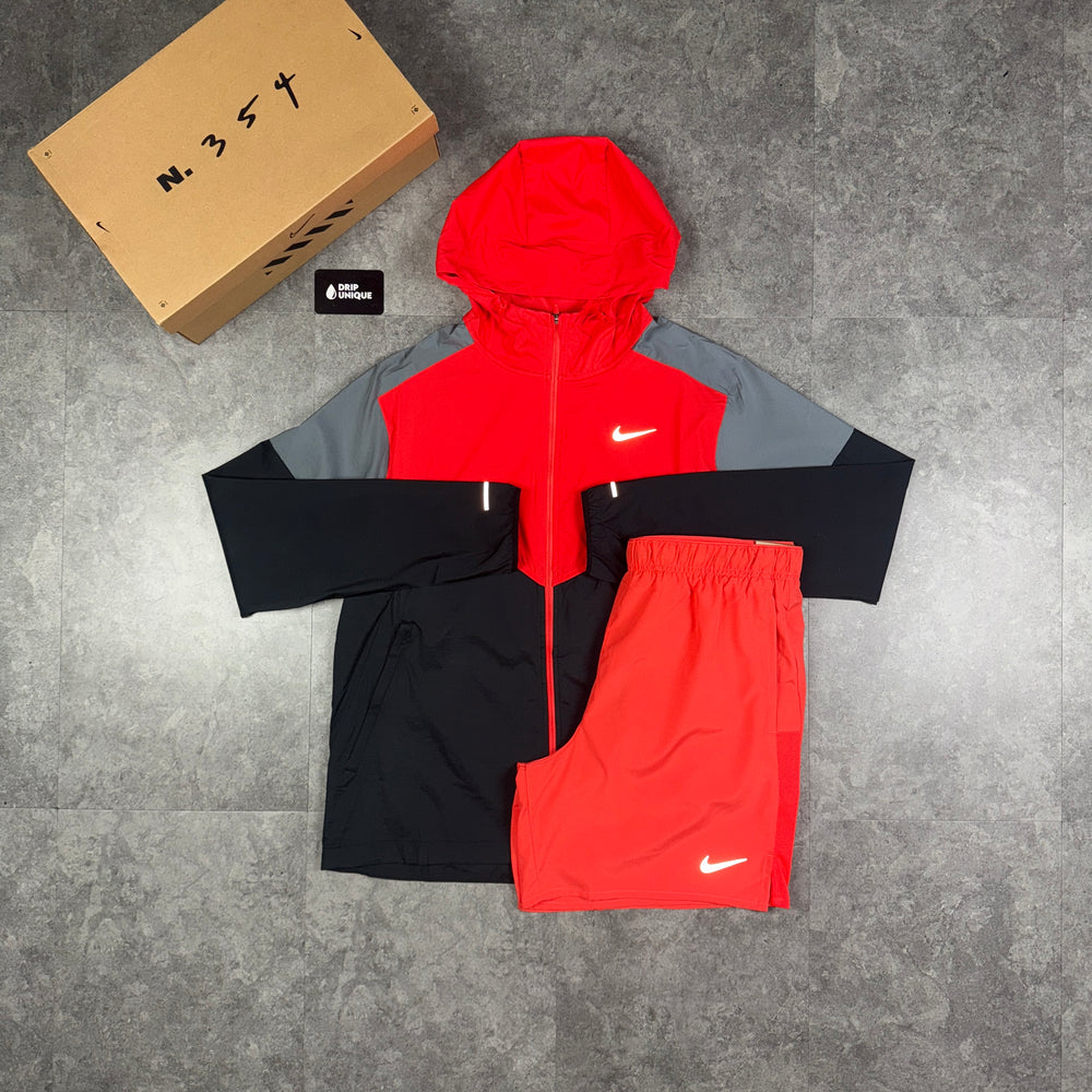 Nike UV Windrunner Jacket Light Crimson & Crimson Challenger Shorts Set, dripuniqueuk