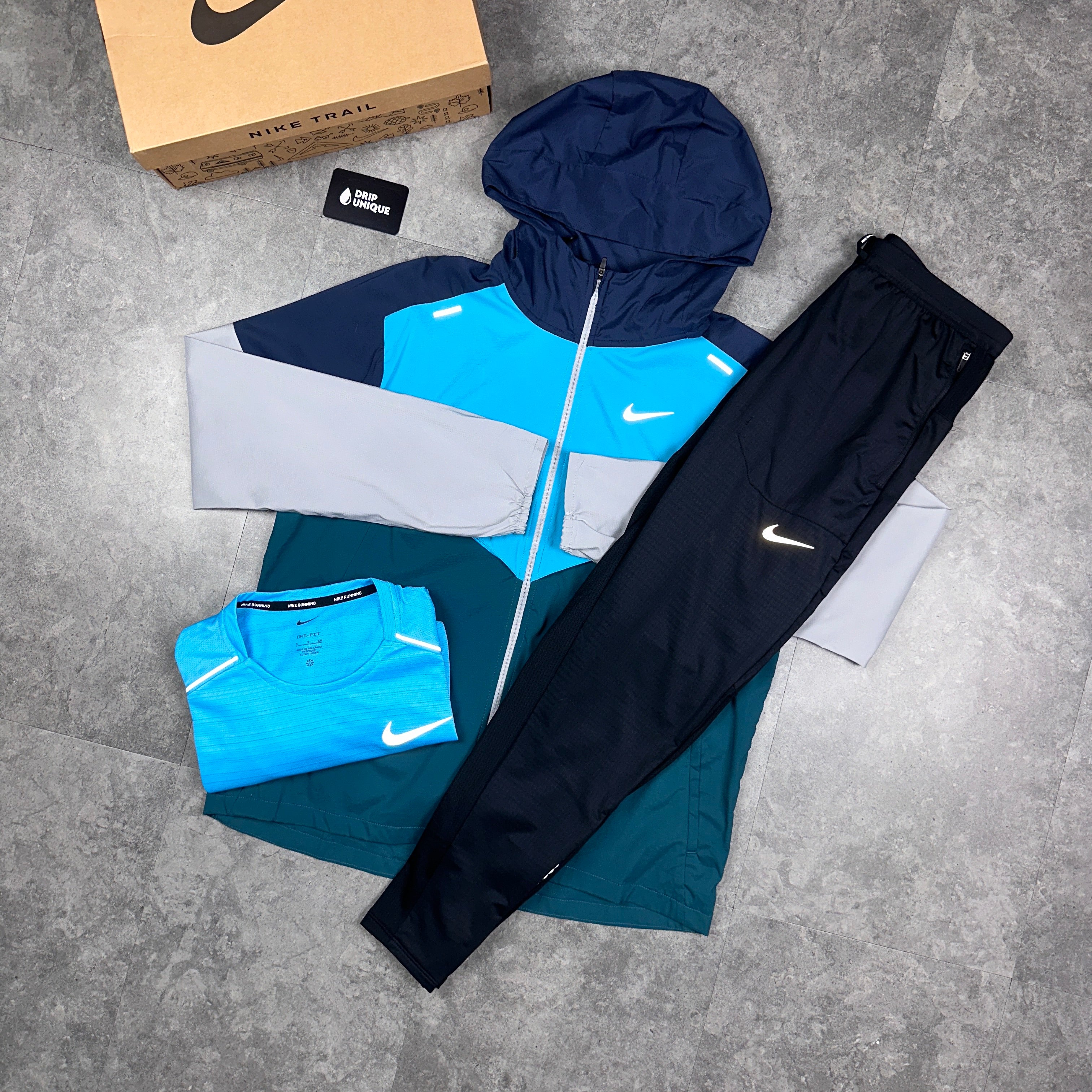 Nike UV Windrunner Jacket Petrol Blue & Black Nike Phenom Pants Nike UV Windrunner Jacket Petrol Blue & Black Nike Phenom Pants
