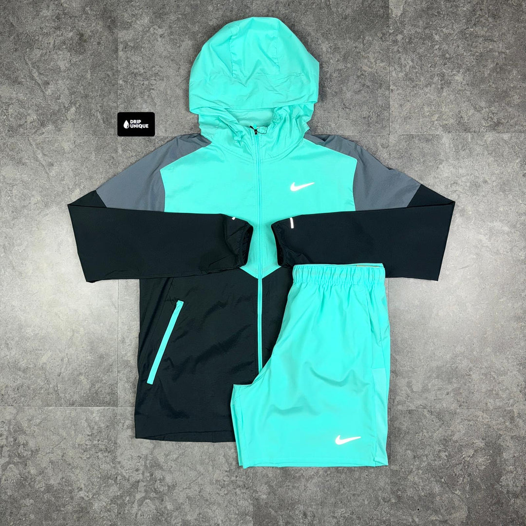 Nike UV Windrunner Jacket Turquoise Blue & Turquoise Blue Challenger Shorts Set, Nike Sets, dripuniqueuk